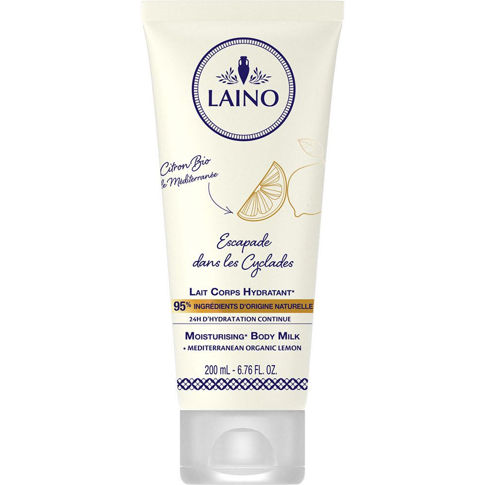 Tube blanc LAINO. Illustration de citron et texte. 'Lait Corps Hydratant' et 'Mediterranean Organic Lemon' sont visibles.