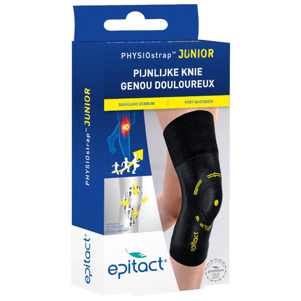 Zwarte kniebrace in verpakking. Opschrift: PHYSIOstrap Junior, epitact®. Illustratie van een knie met brace.