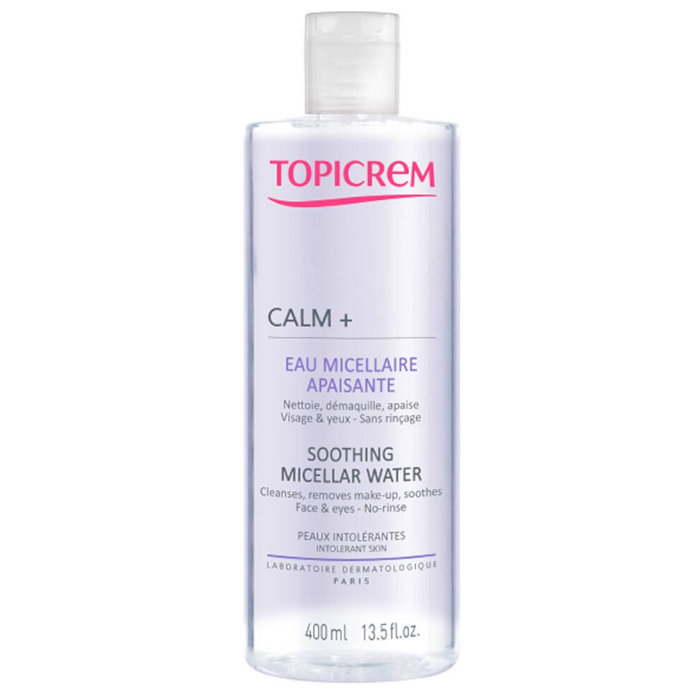 TOPICREM CALM+ Mizellenwasser. Flasche mit weißem Deckel. Aufschrift: CALM+, Eau Micellaire Apaisante, Soothing Micellar Water. 400ml.