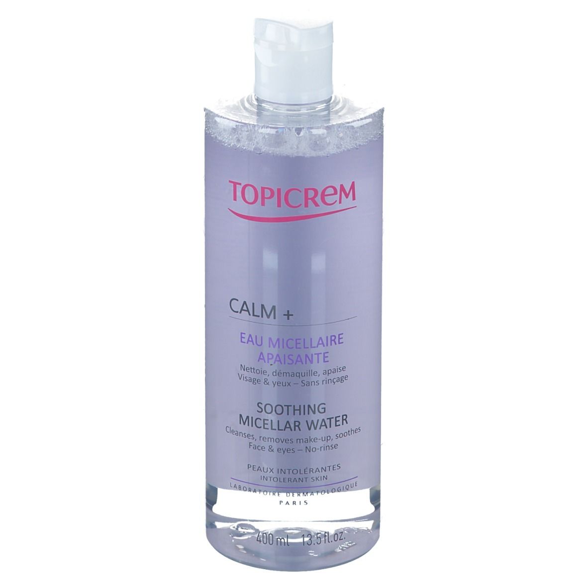 TOPICREM CALM+ Mizellenwasser. Flasche mit weißem Deckel. Aufschrift: CALM+, Eau Micellaire Apaisante, Soothing Micellar Water. 400ml.