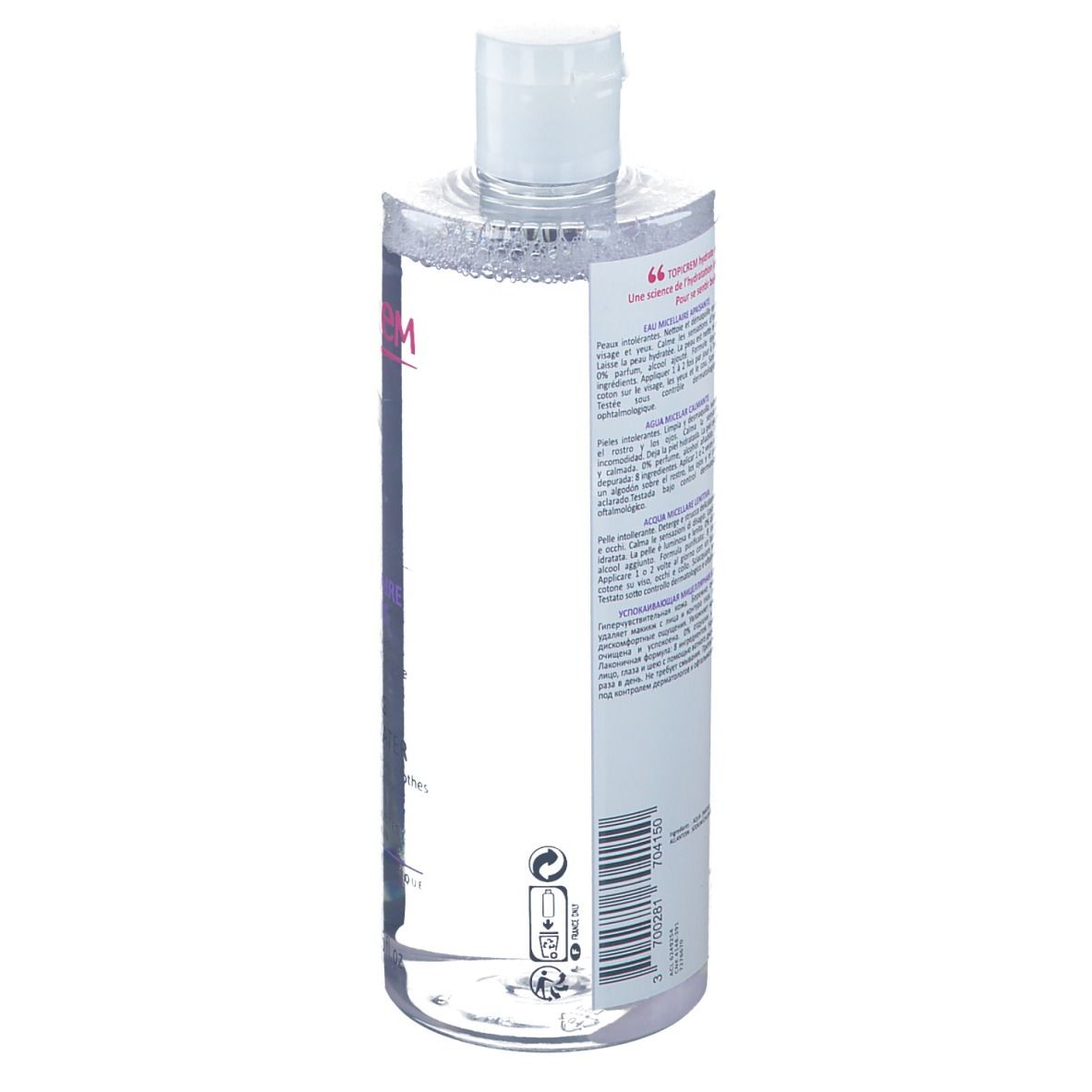 Rückseite der TOPICREM CALM+ Mizellenwasser Flasche. Text auf weißem Etikett. Informationen zum Produkt und Hersteller.