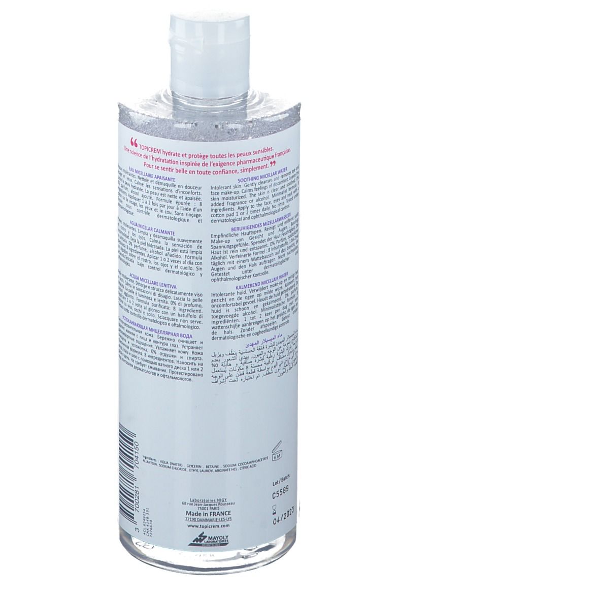 Rückseite der TOPICREM CALM+ Mizellenwasser Flasche. Text auf weißem Etikett. Informationen zum Produkt und Hersteller.