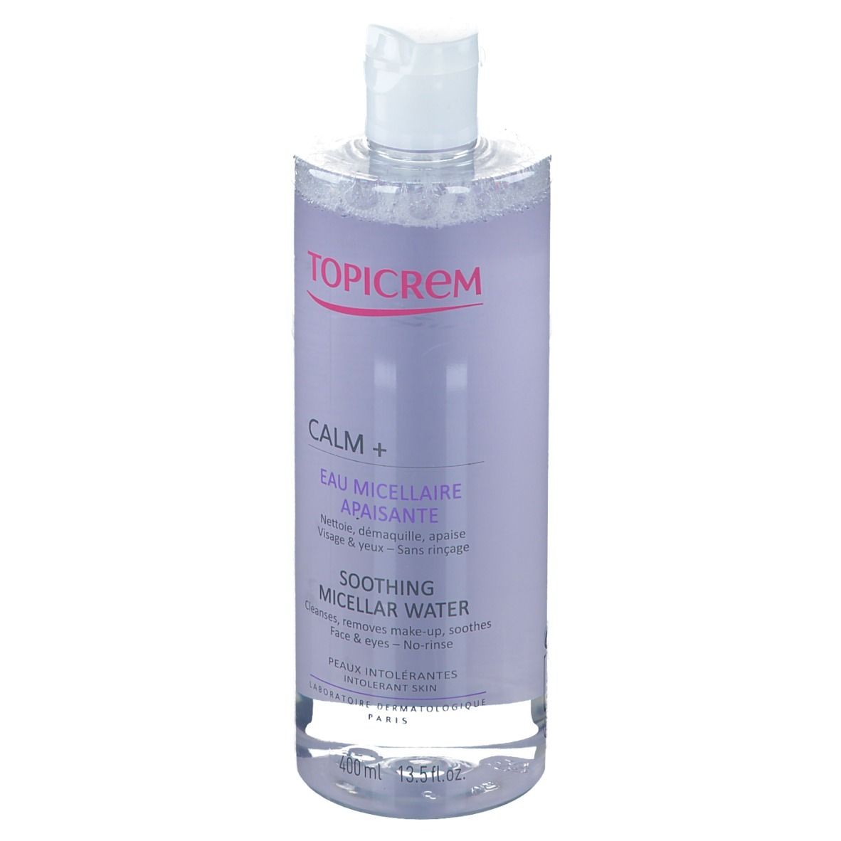 TOPICREM CALM+ Mizellenwasser. Flasche mit weißem Deckel. Aufschrift: CALM+, Eau Micellaire Apaisante, Soothing Micellar Water. 400ml.