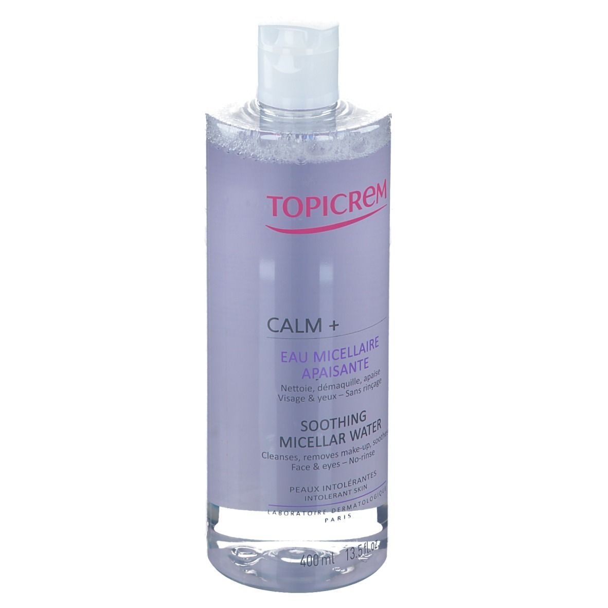 TOPICREM CALM+ Mizellenwasser. Flasche mit weißem Deckel. Aufschrift: CALM+, Eau Micellaire Apaisante, Soothing Micellar Water. 400ml.
