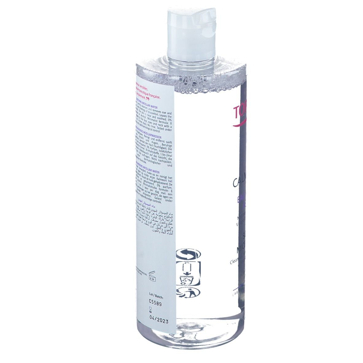Rückseite der TOPICREM CALM+ Mizellenwasser Flasche. Text auf weißem Etikett. Informationen zum Produkt und Hersteller.