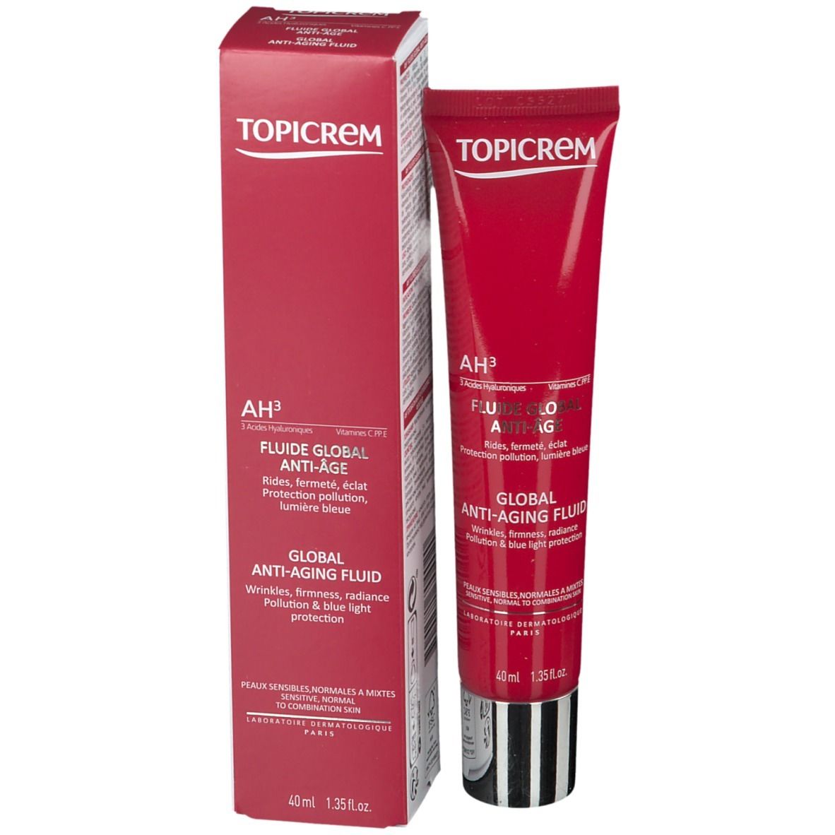 Productverpakking. Rode doos en tube. TOPICREM-logo. Productnaam: GLOBAL ANTI-AGING FLUID. Meertalige tekst.