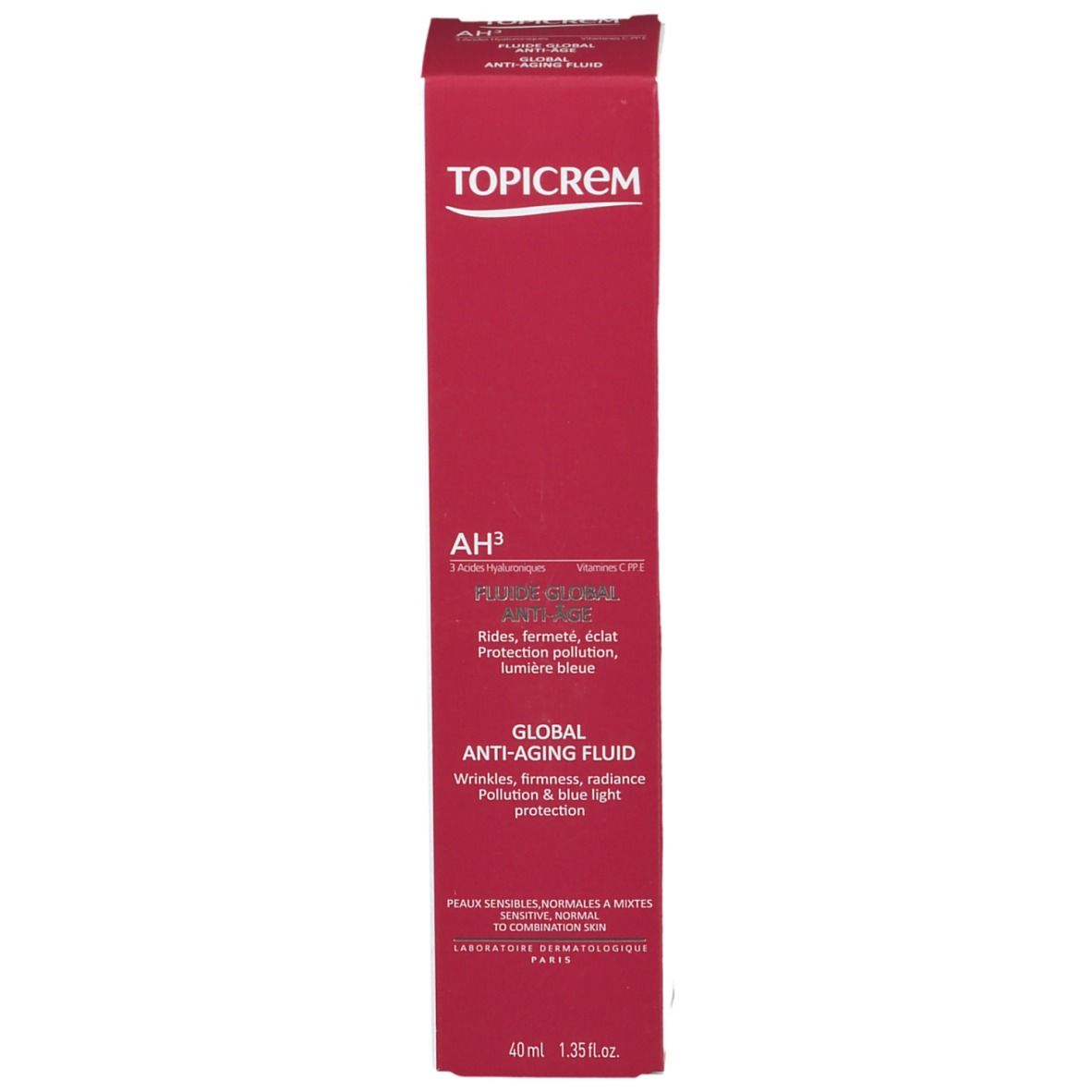 Rode doos. TOPICREM-logo. Productnaam: GLOBAL ANTI-AGING FLUID. Meertalige tekst. Zwarte letters.