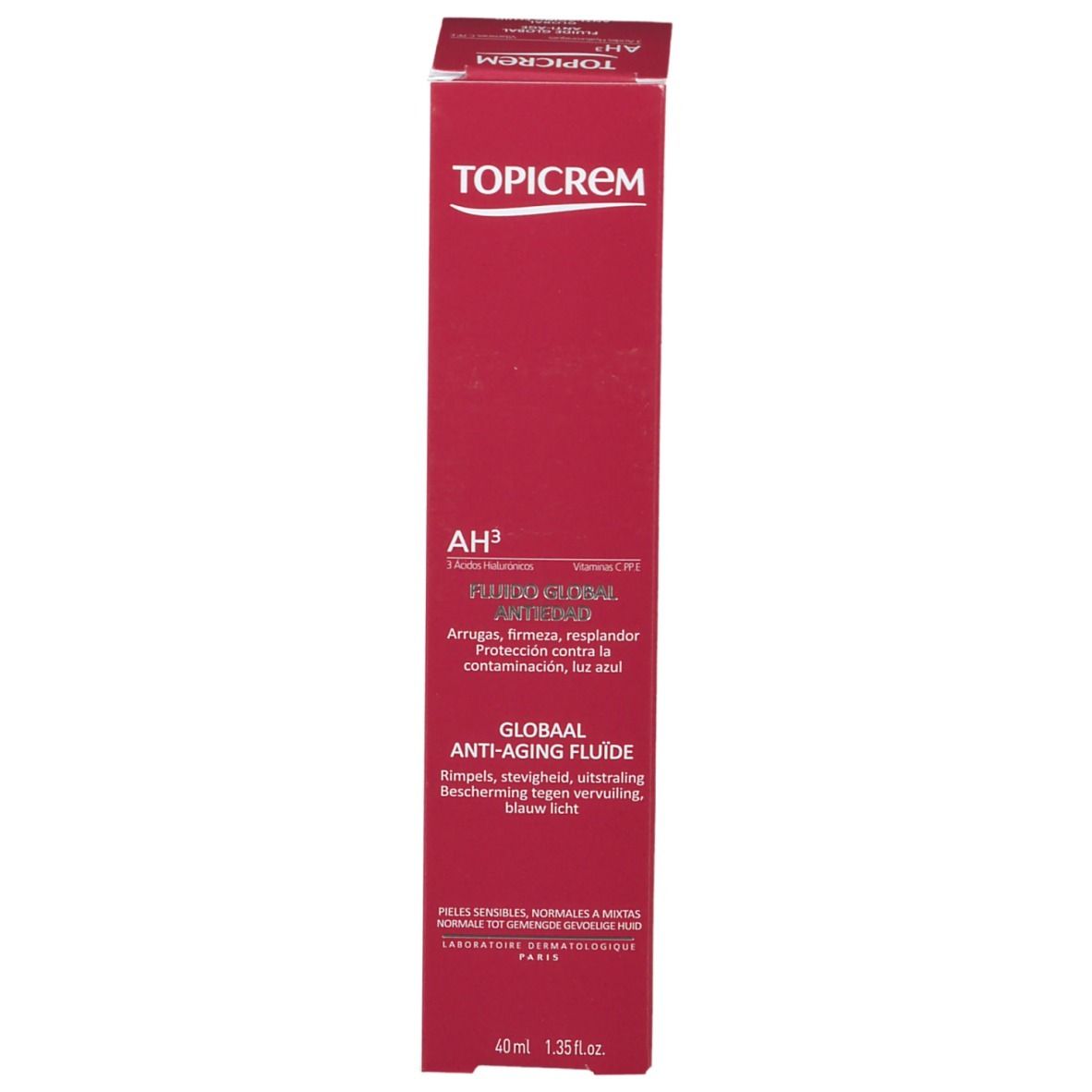 Rode doos. TOPICREM-logo. Productnaam: GLOBAL ANTI-AGING FLUID. Meertalige tekst. Zwarte letters.