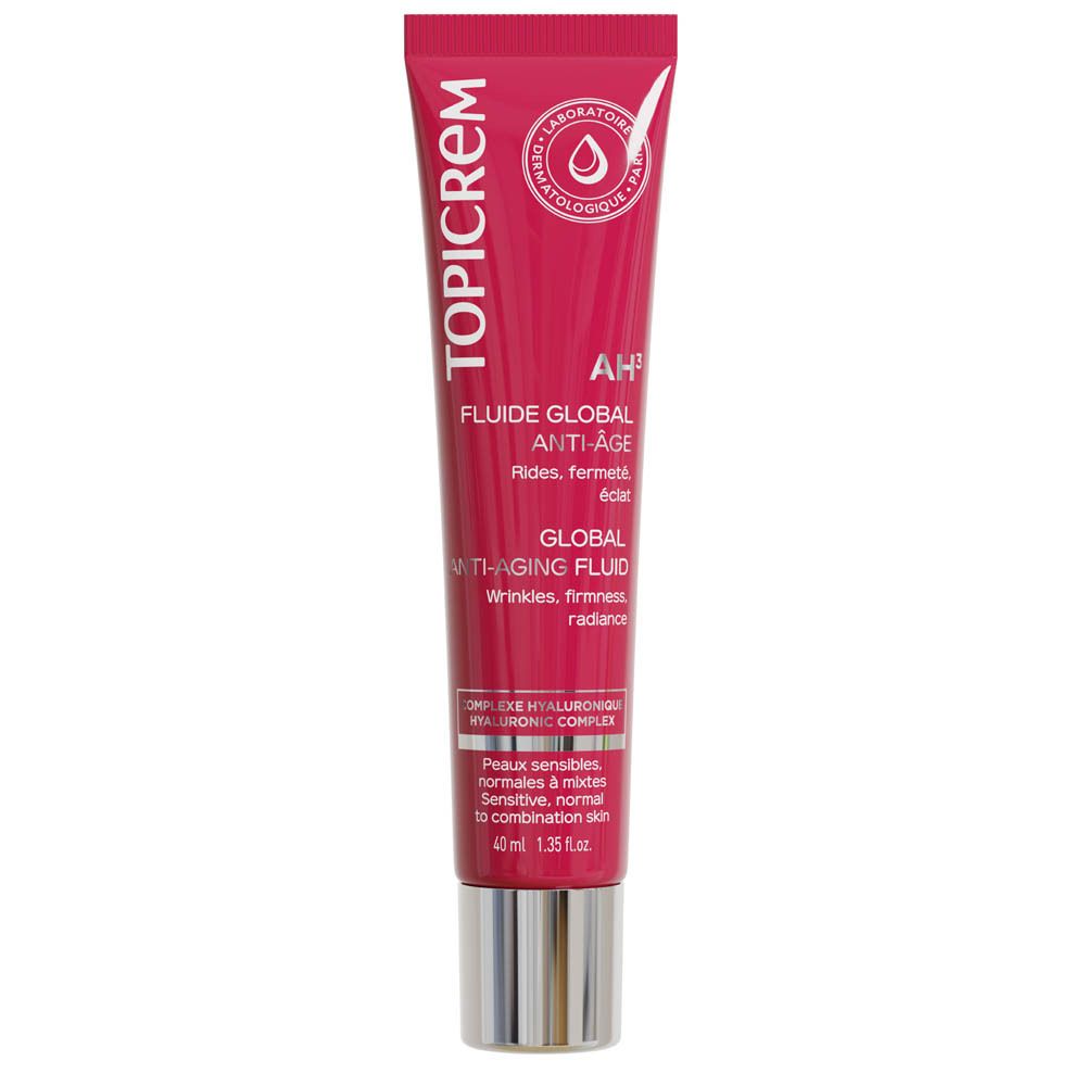 Rote Tube. Aufschrift TOPICREM und AH3. Text: Global Anti-Aging Fluid. 40ml.