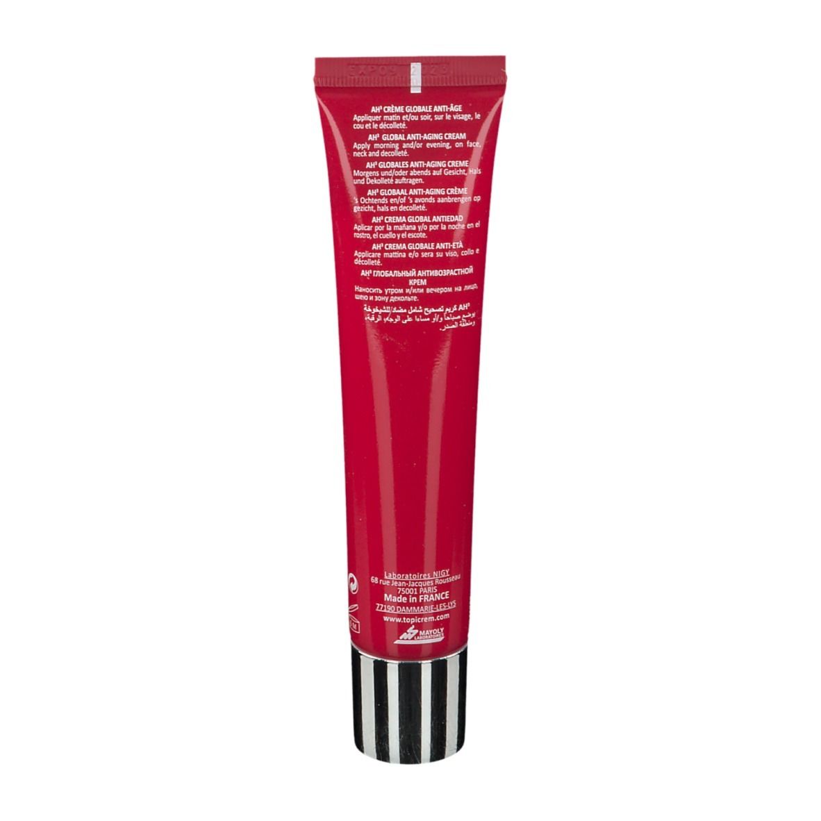 Rode tube met zwarte dop. Tekst: AH3 Globale Anti-Aging Crème. Fabrikantinformatie.