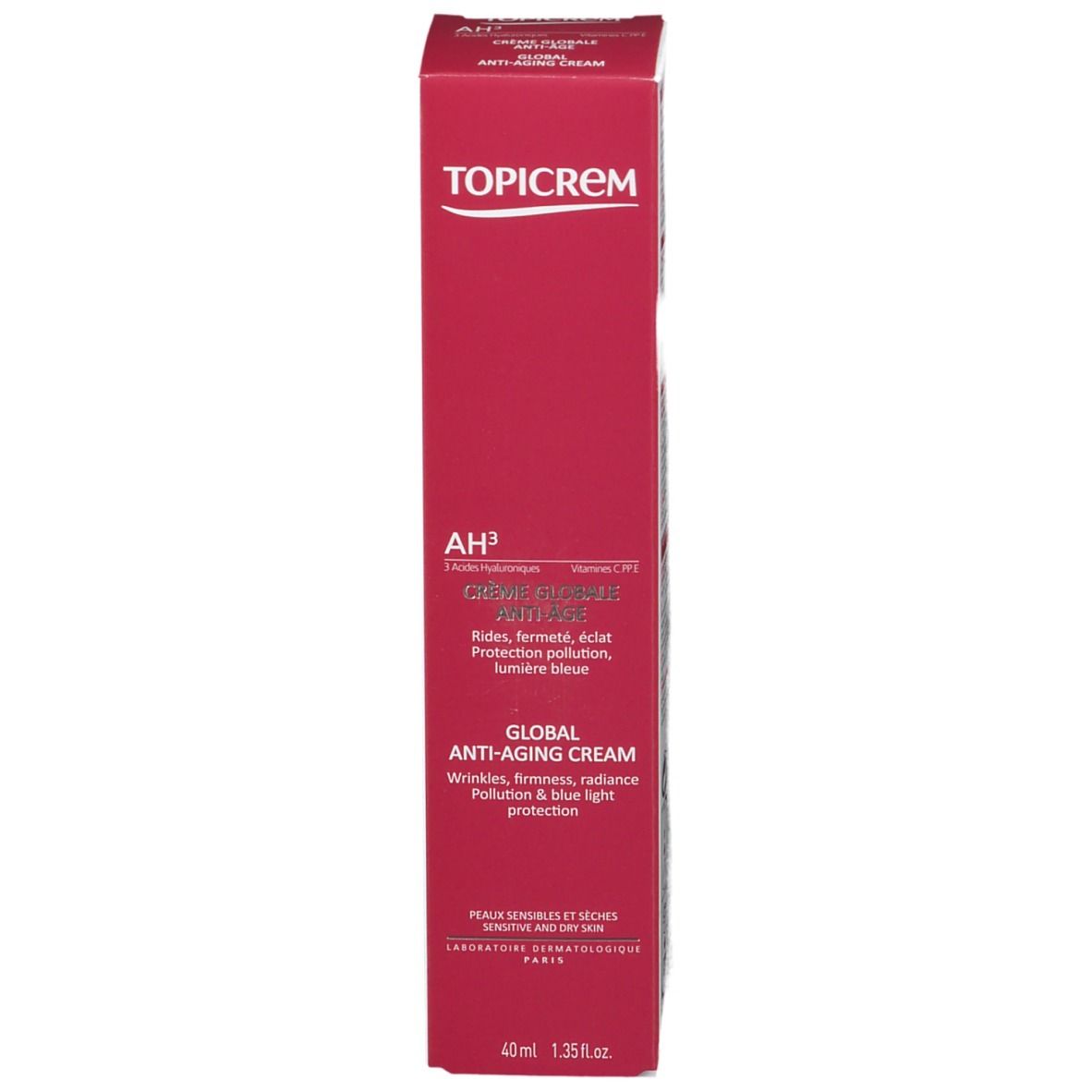 Rode doos. Tekst: TOPICREM AH3 Globale Anti-Aging Crème. 40ml. Rimpels, stevigheid, glans.