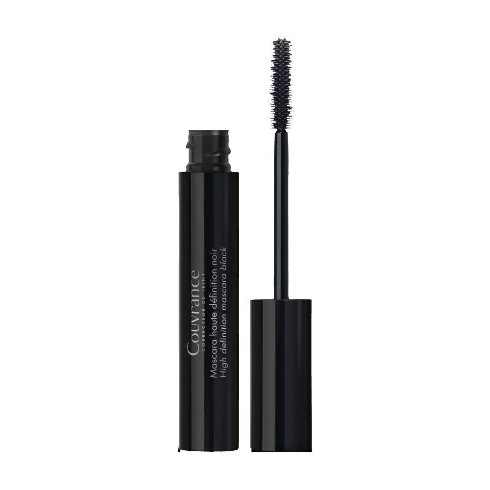 Tube de mascara noir avec brosse. Inscription : Couvrance, Mascara haute définition noir, yeux sensibles.