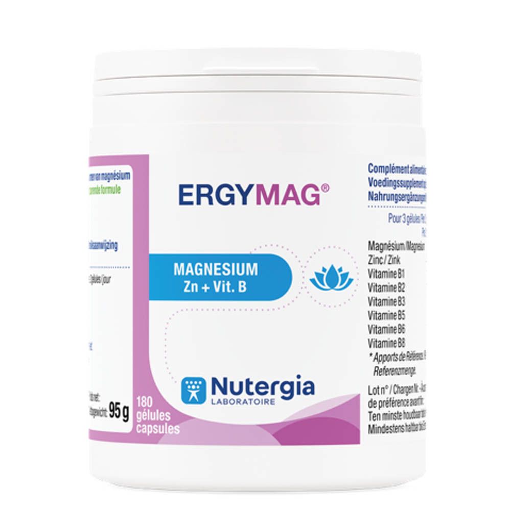 Pot blanc ERGYMAG avec bande bleue. Contient magnésium, zinc et vitamine B. 180 gélules. 95g.
