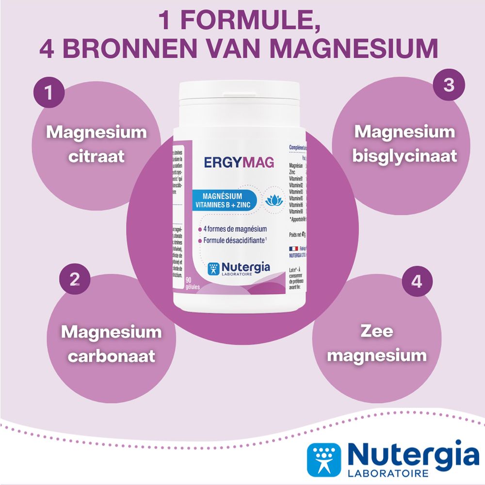 Achterkant van de witte pot ERGYMAG. Voedingswaarde-informatie. 95g. Ten minste houdbaar tot 06/2025. Nutergia.