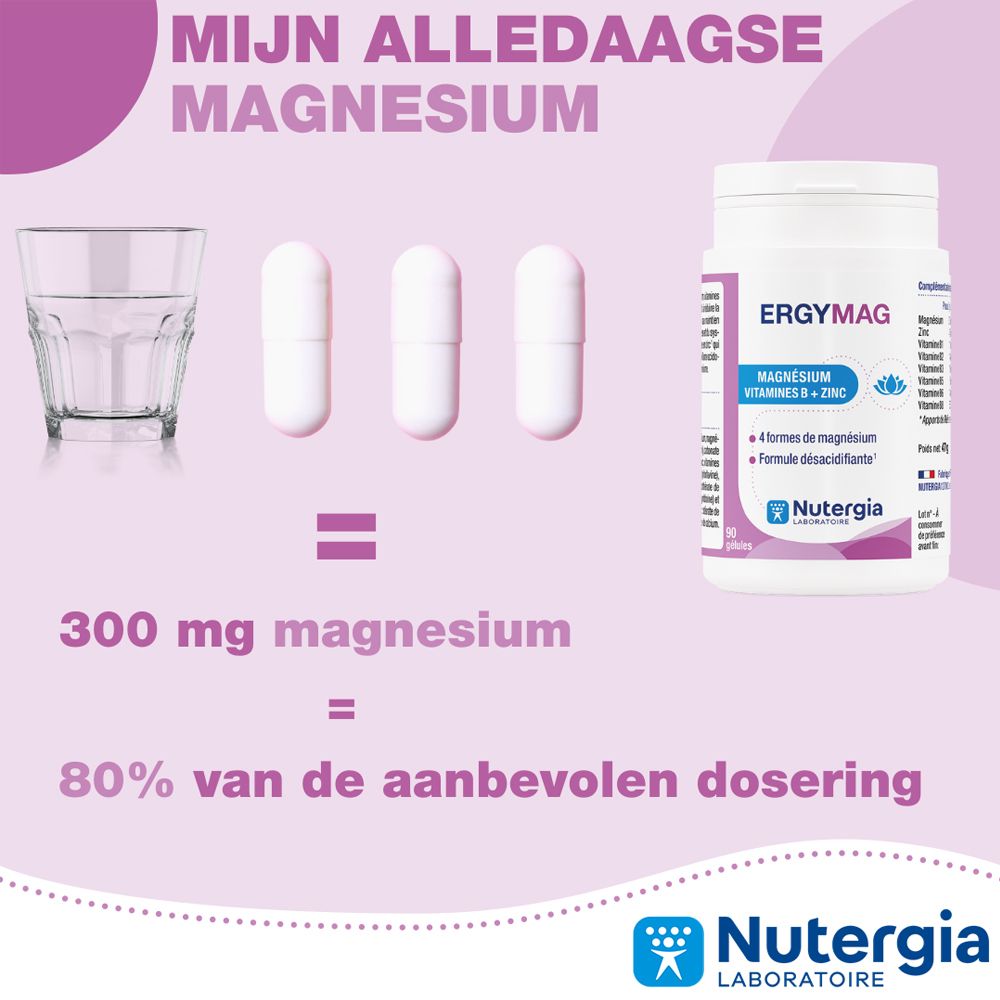 Achterkant van de witte pot ERGYMAG. Voedingswaarde-informatie. 95g. Ten minste houdbaar tot 06/2025. Nutergia.
