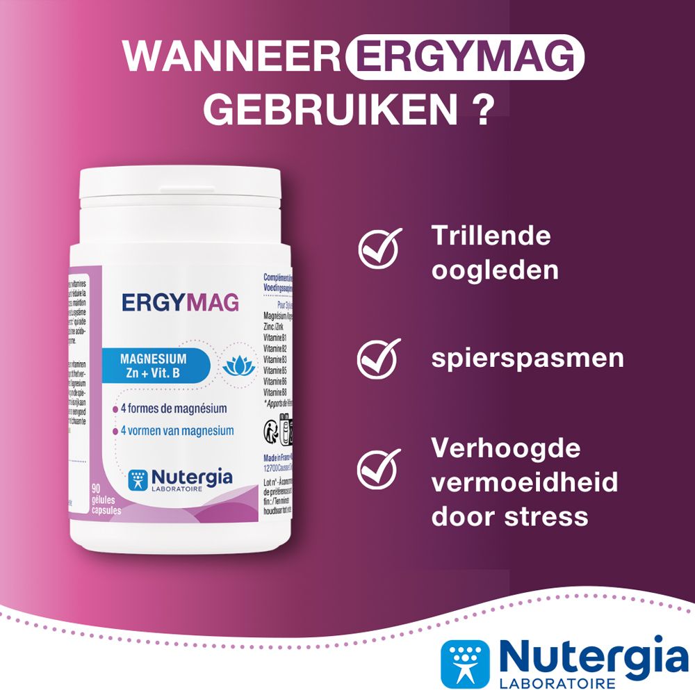 Achterkant van de witte pot ERGYMAG. Voedingswaarde-informatie. 95g. Ten minste houdbaar tot 06/2025. Nutergia.