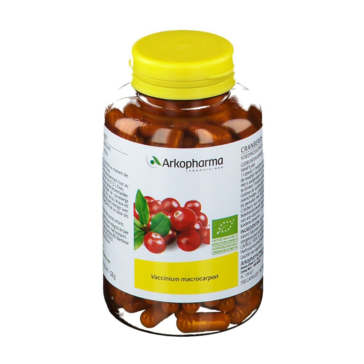 Transparante fles capsules met gele dop. Label: Arkopharma, cranberry-illustratie, bio-label, Vaccinium macrocarpon.
