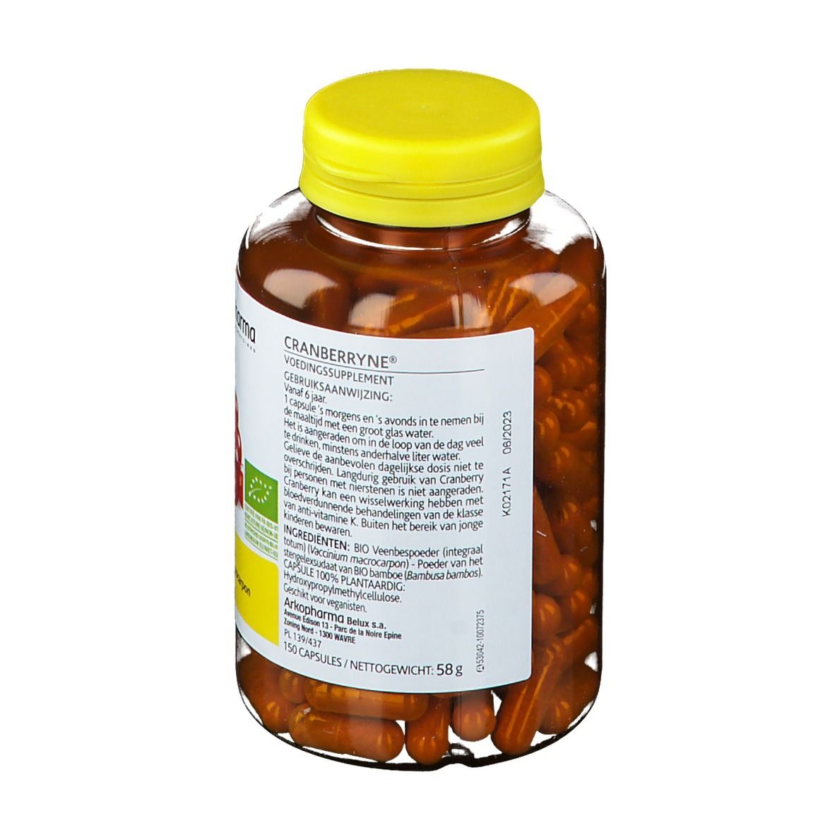 Achterkant van een fles capsules. Opschrift: Cranberryne, gebruiksaanwijzing, ingrediënten, bio-label, houdbaarheidsdatum.