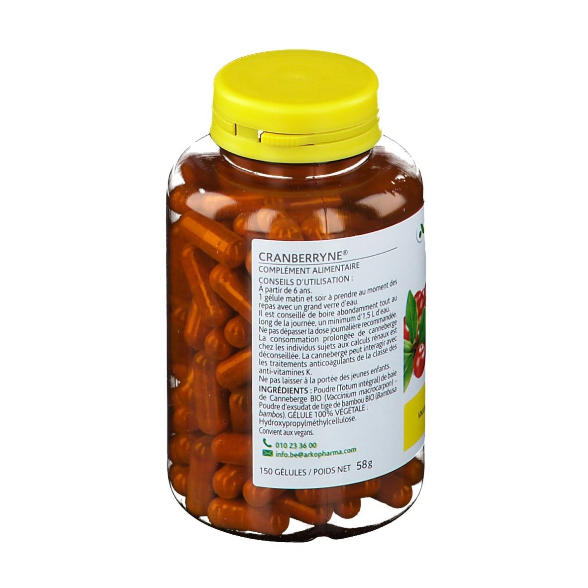 Achterkant van een fles capsules. Opschrift: Cranberryne, gebruiksaanwijzing, ingrediënten, bio-label, contactgegevens.