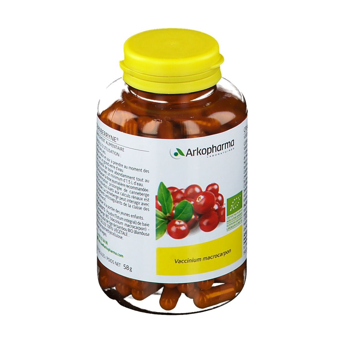 Fles capsules. Opschrift: Arkopharma, cranberry-illustratie, bio-label, Vaccinium macrocarpon. Gele dop.