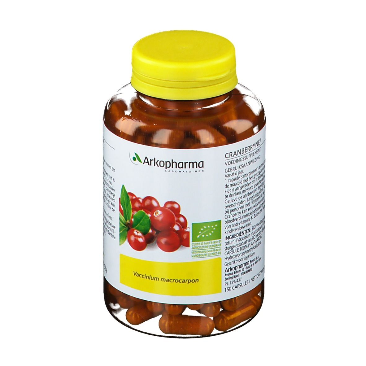 Fles capsules. Opschrift: Arkopharma, cranberry-illustratie, bio-label, Vaccinium macrocarpon. Gele dop.