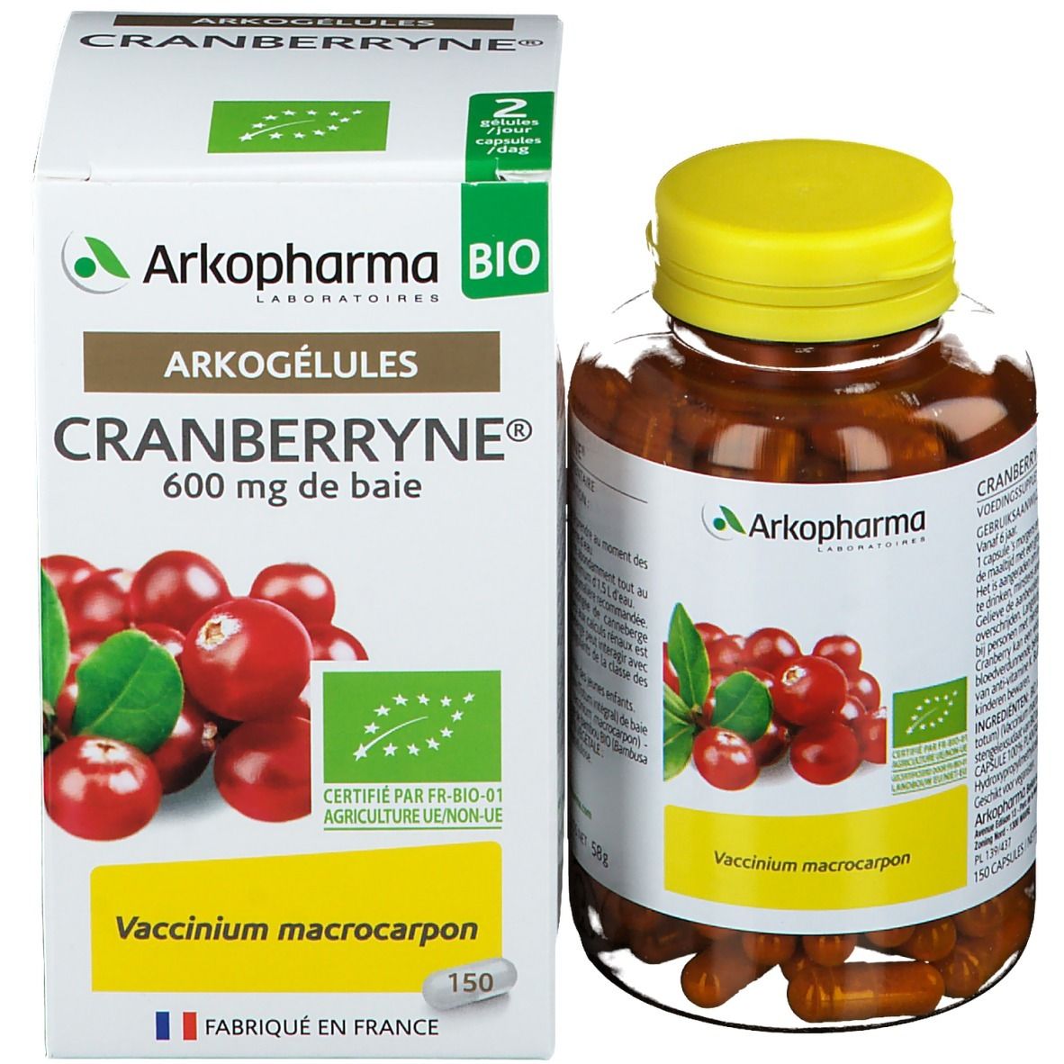 Verpakking en fles capsules. Opschrift: Arkogélules Cranberryne, 600 mg de baie, 150 capsules, bio-label. Gemaakt in Frankrijk.