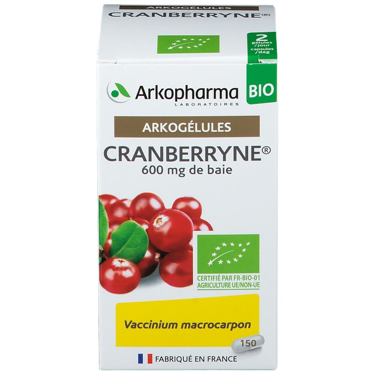 Verpakking capsules. Opschrift: Arkogélules Cranberryne, 600 mg de baie, 150 capsules, bio-label. Gemaakt in Frankrijk.