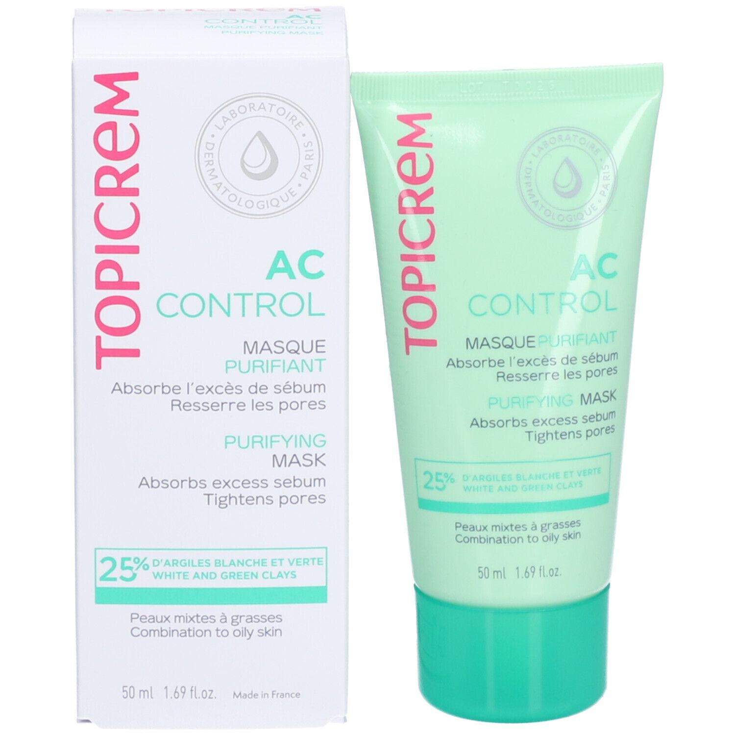TOPICREM AC Control reinigingsmasker en verpakking. Tube en doos. Tekst: AC Control, Masque Purifiant, 50 ml.