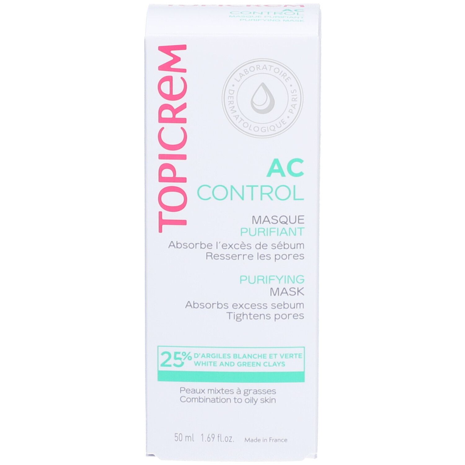 Verpakking van TOPICREM AC Control reinigingsmasker. Tekst: AC Control, Masque Purifiant, 50 ml.