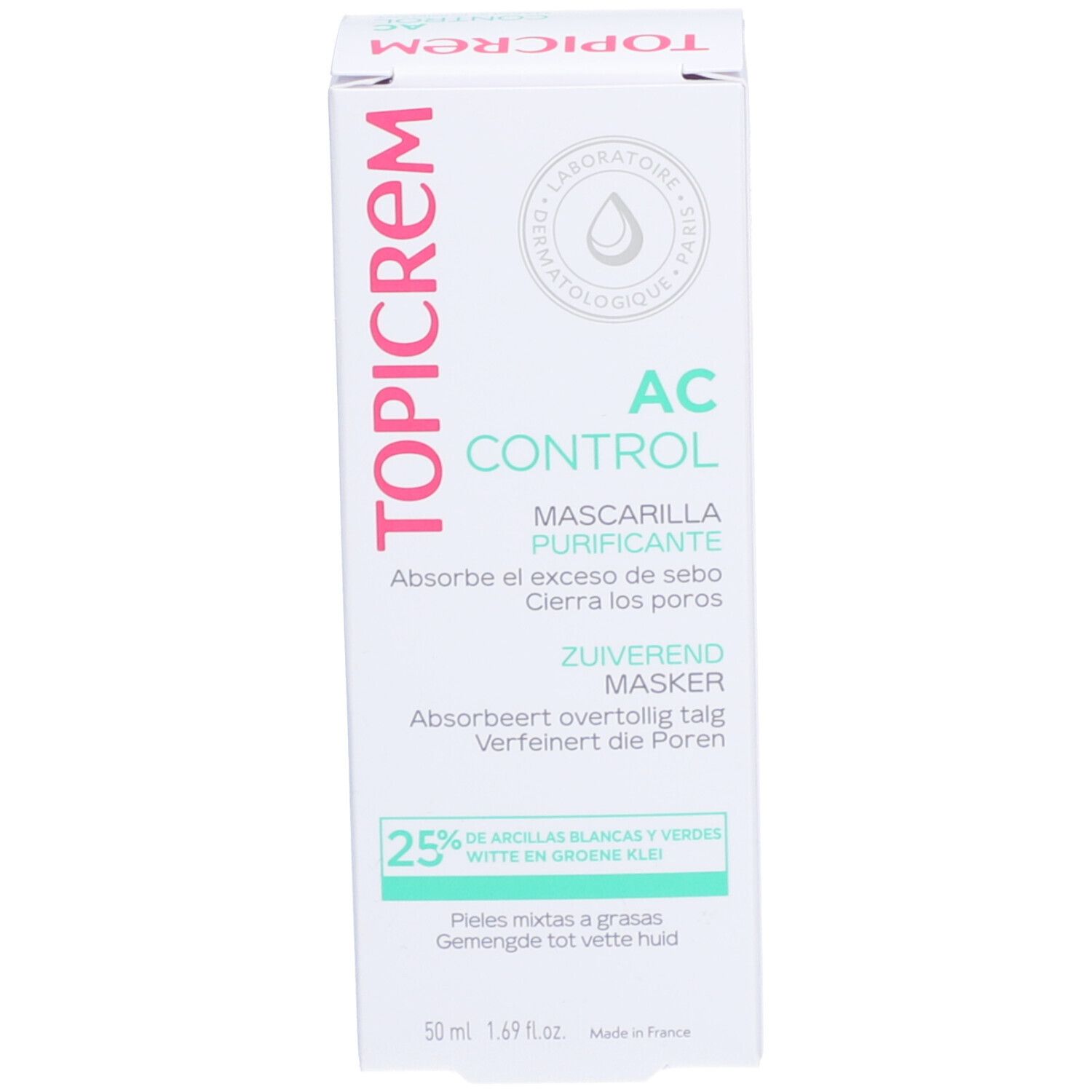Verpakking TOPICREM AC Control. Tekst: AC Control, Mascarilla Purificante, 50 ml.