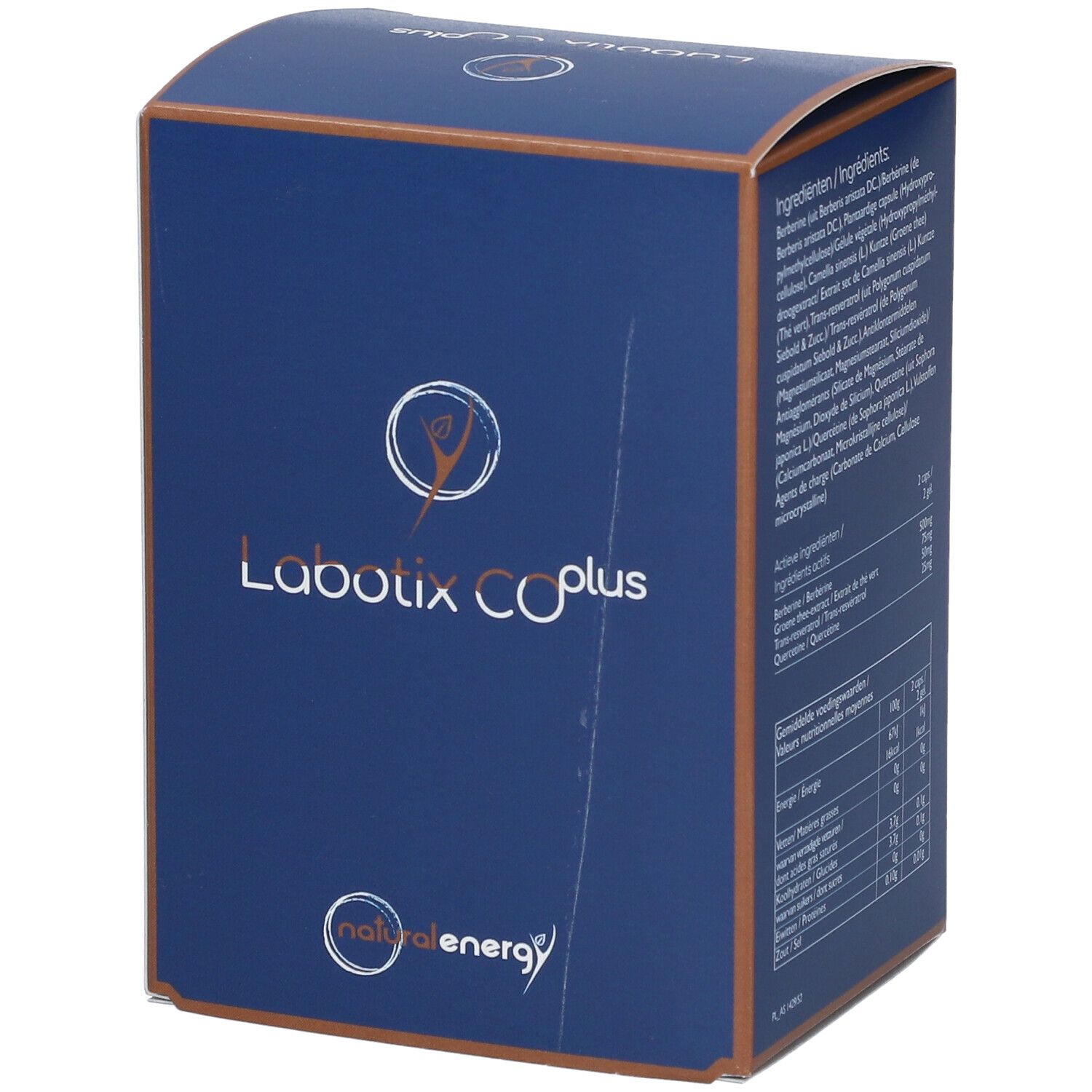 Boîte bleue avec logo "Labotix CO plus" et "natural energy". Liste des ingrédients imprimée.