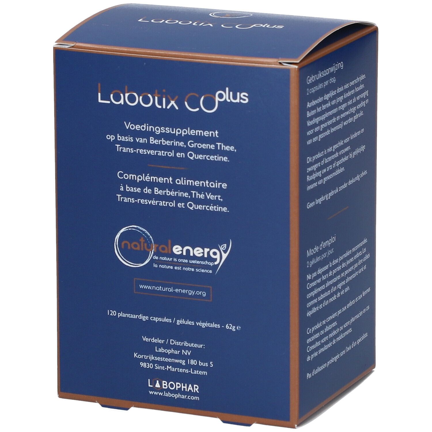 Boîte bleue avec logo "Labotix CO plus" et "natural energy". Texte en allemand, français et néerlandais.