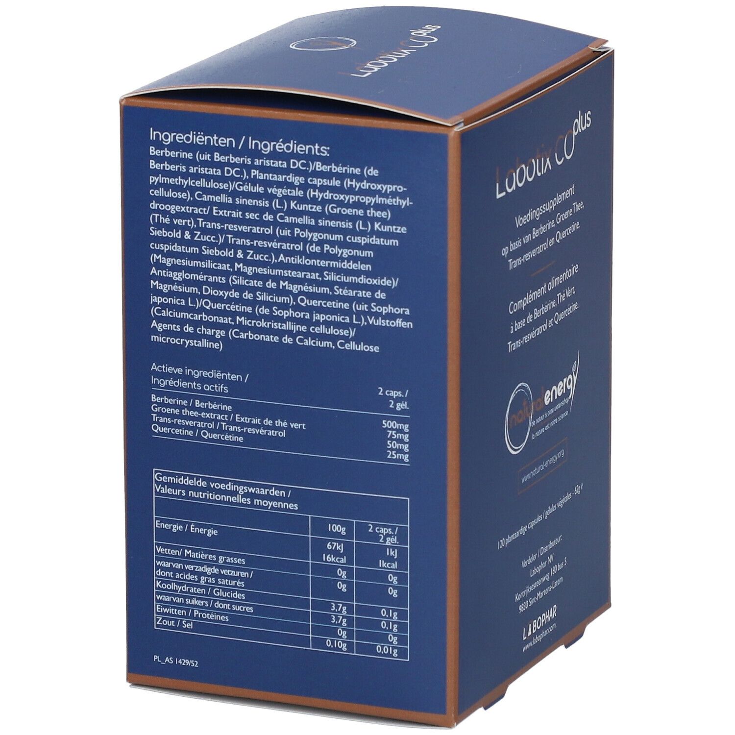 Boîte bleue avec logo "Labotix CO plus". Ingrédients et informations nutritionnelles imprimés.