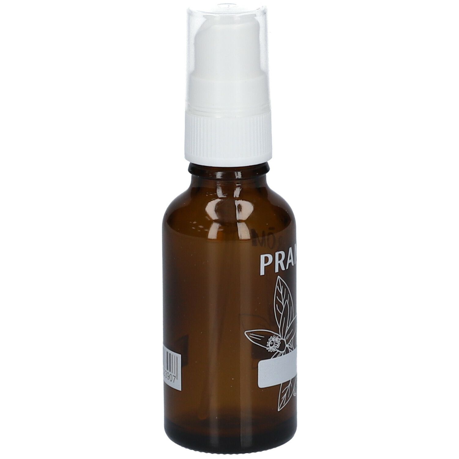 Bruine glazen fles met witte spraykop. Opschrift PRA. Bloemmotief en leeg etiket. Barcode.