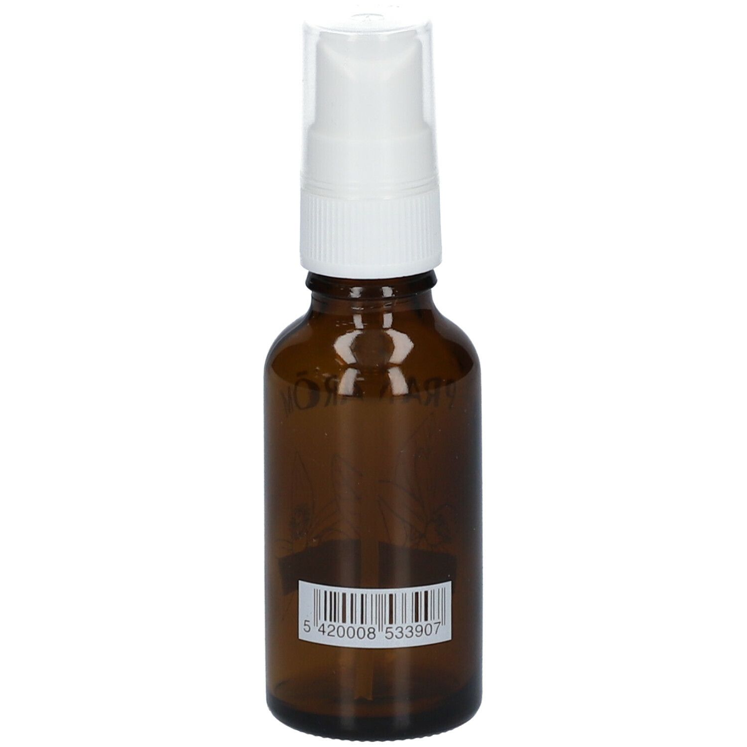 Bruine glazen fles met witte spraykop. Barcode. Opschrift en bloemmotief niet zichtbaar.
