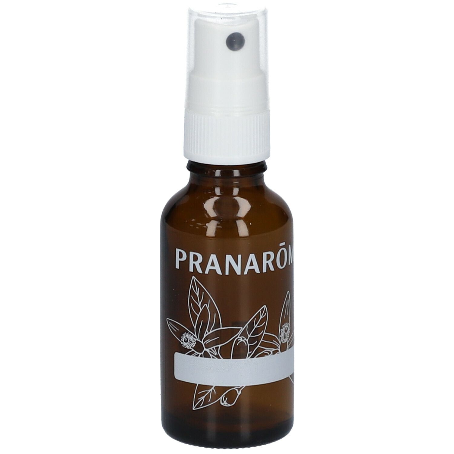 Bruine glazen fles met witte spraykop. Opschrift PRANARÔM. Met bloemmotief en leeg etiket.