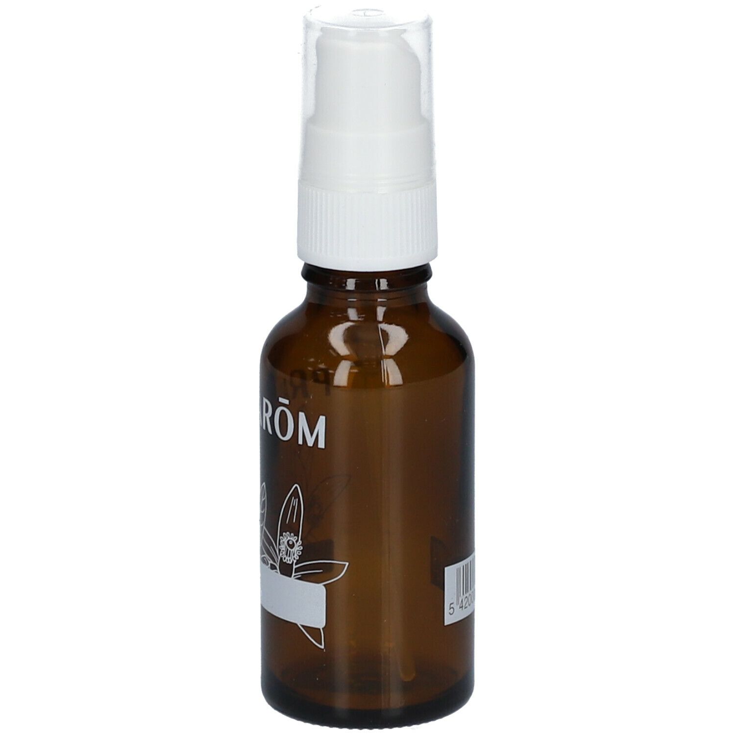Bruine glazen fles met witte spraykop. Opschrift PRANARÔM. Bloemmotief en leeg etiket. Barcode.