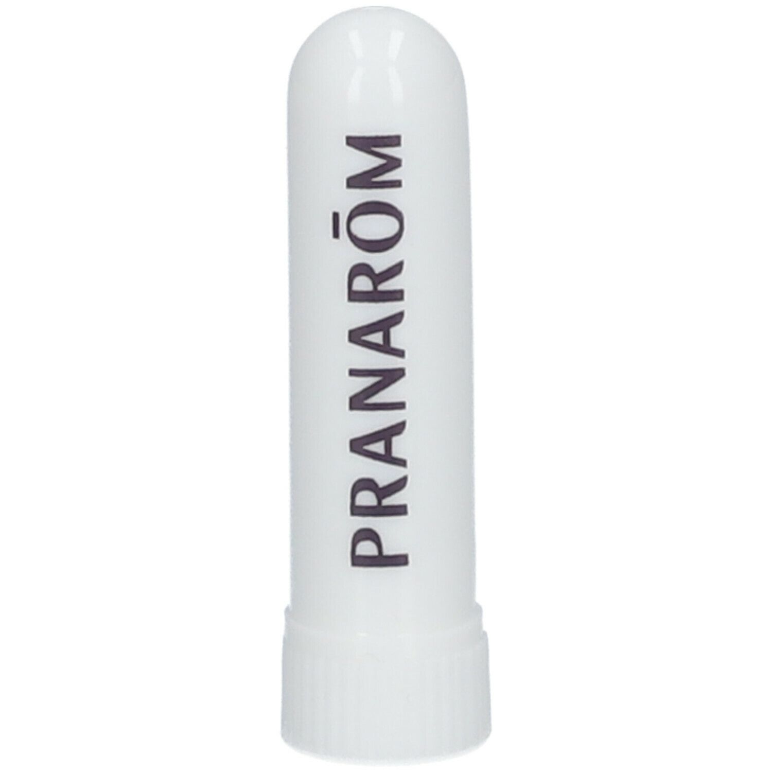 Witte inhalator met de merknaam PRANARÔM in zwarte letters. Cilindrische vorm met afgeronde dop.