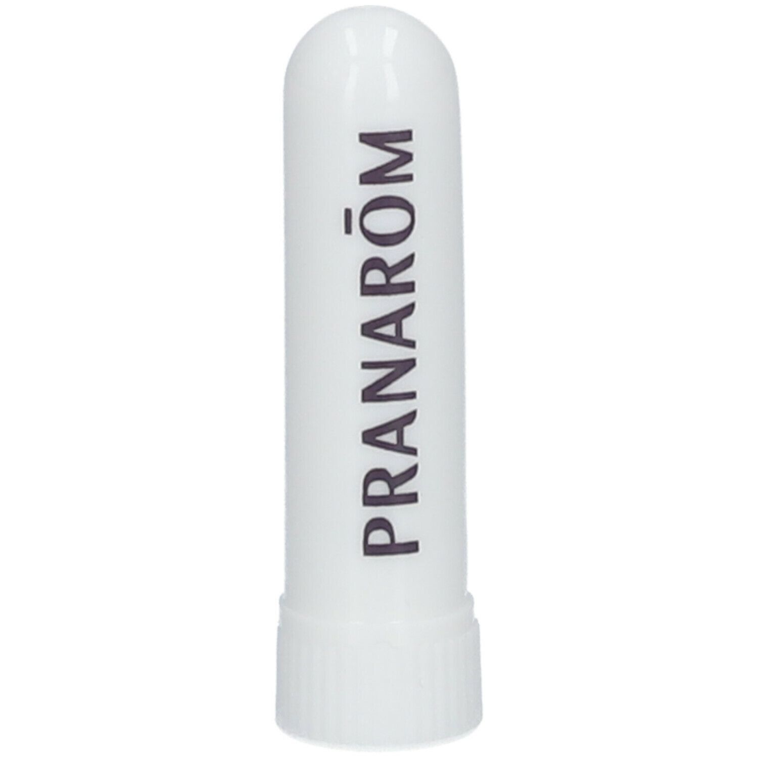Witte inhalator met de merknaam PRANARÔM in zwarte letters. Cilindrische vorm met afgeronde dop.