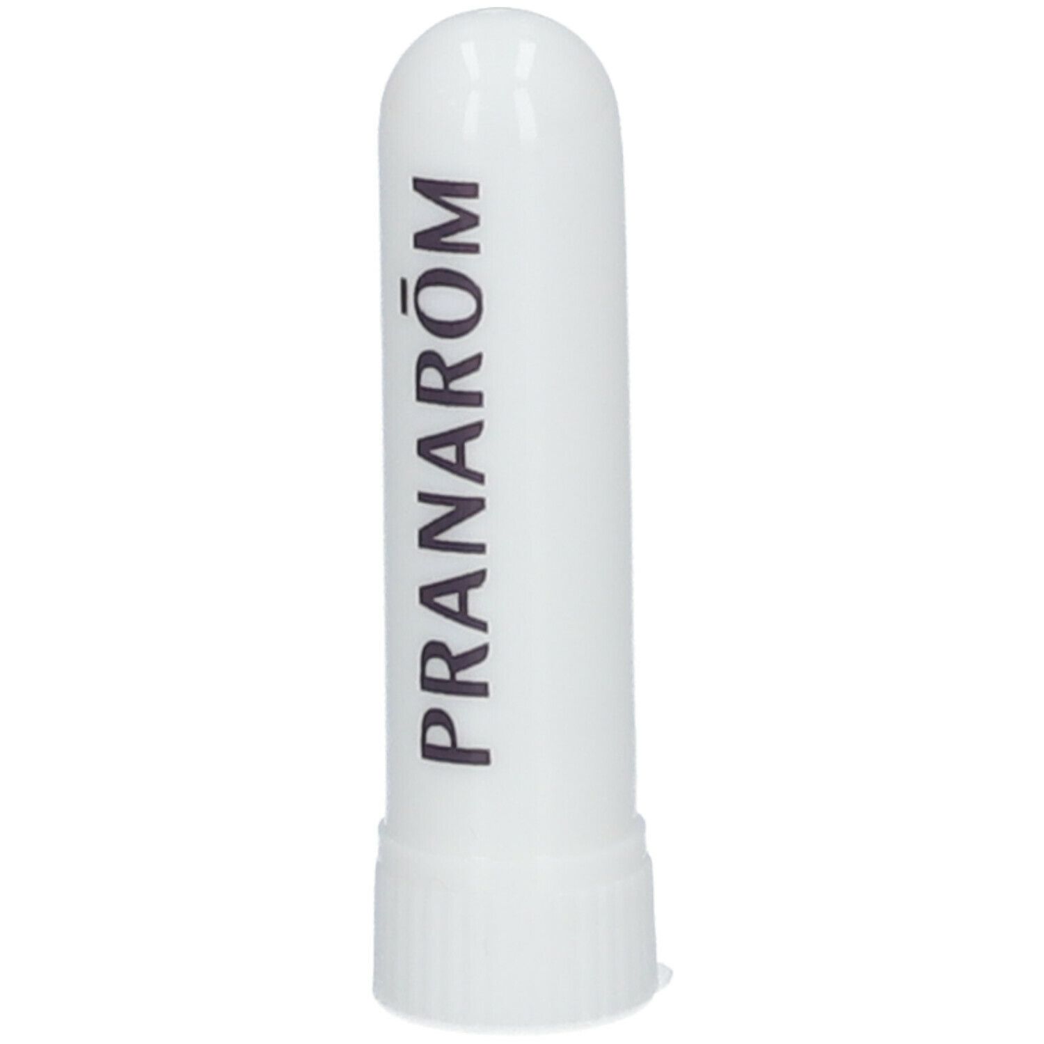 Witte inhalator met de merknaam PRANARÔM in zwarte letters. Cilindrische vorm met afgeronde dop.