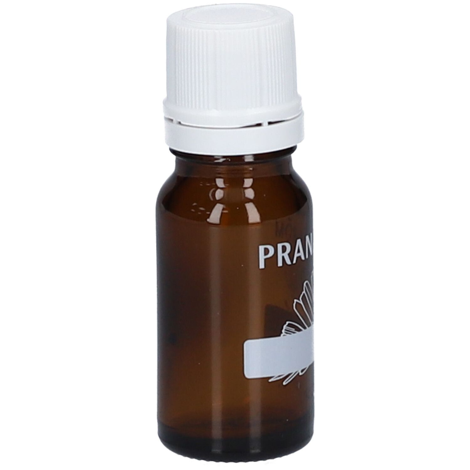 Braune Glasflasche mit weißem Deckel. Aufschrift PRANARÔM und floralem Muster. Leeres Etikett.