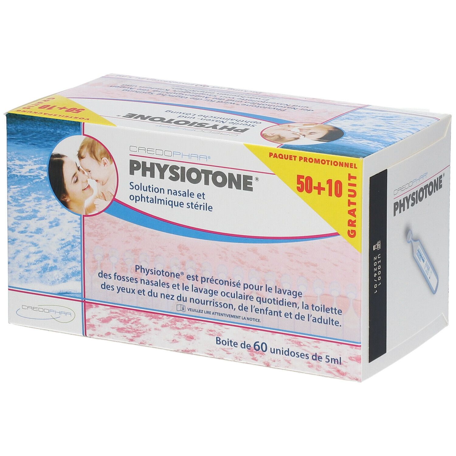 CREDOPHAR Physiotone® doos. Neus- en oogoplossing. 50+10 gratis. Afbeelding moeder en kind. Doos met 60 unidoses.
