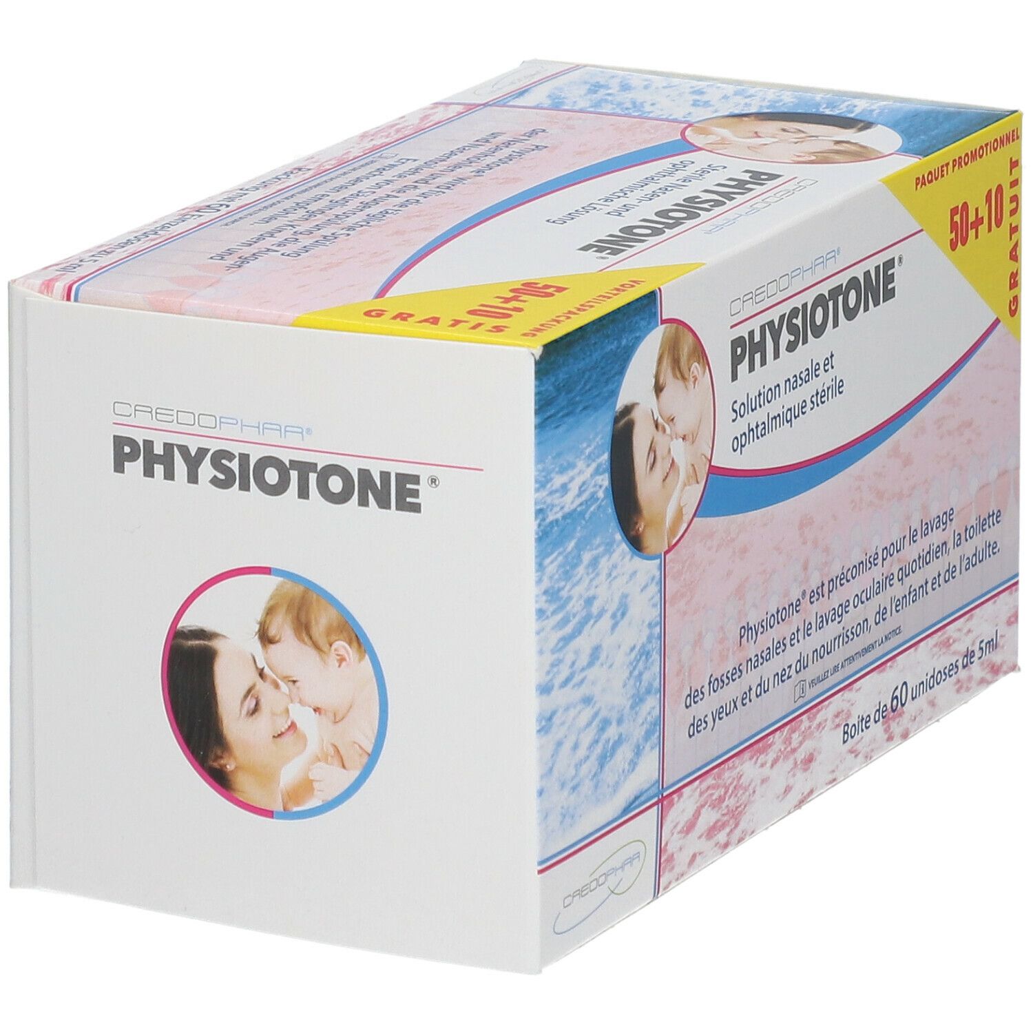 CREDOPHAR Physiotone® doos. Neus- en oogoplossing. 50+10 gratis. Afbeelding moeder en kind. Doos met 60 unidoses.
