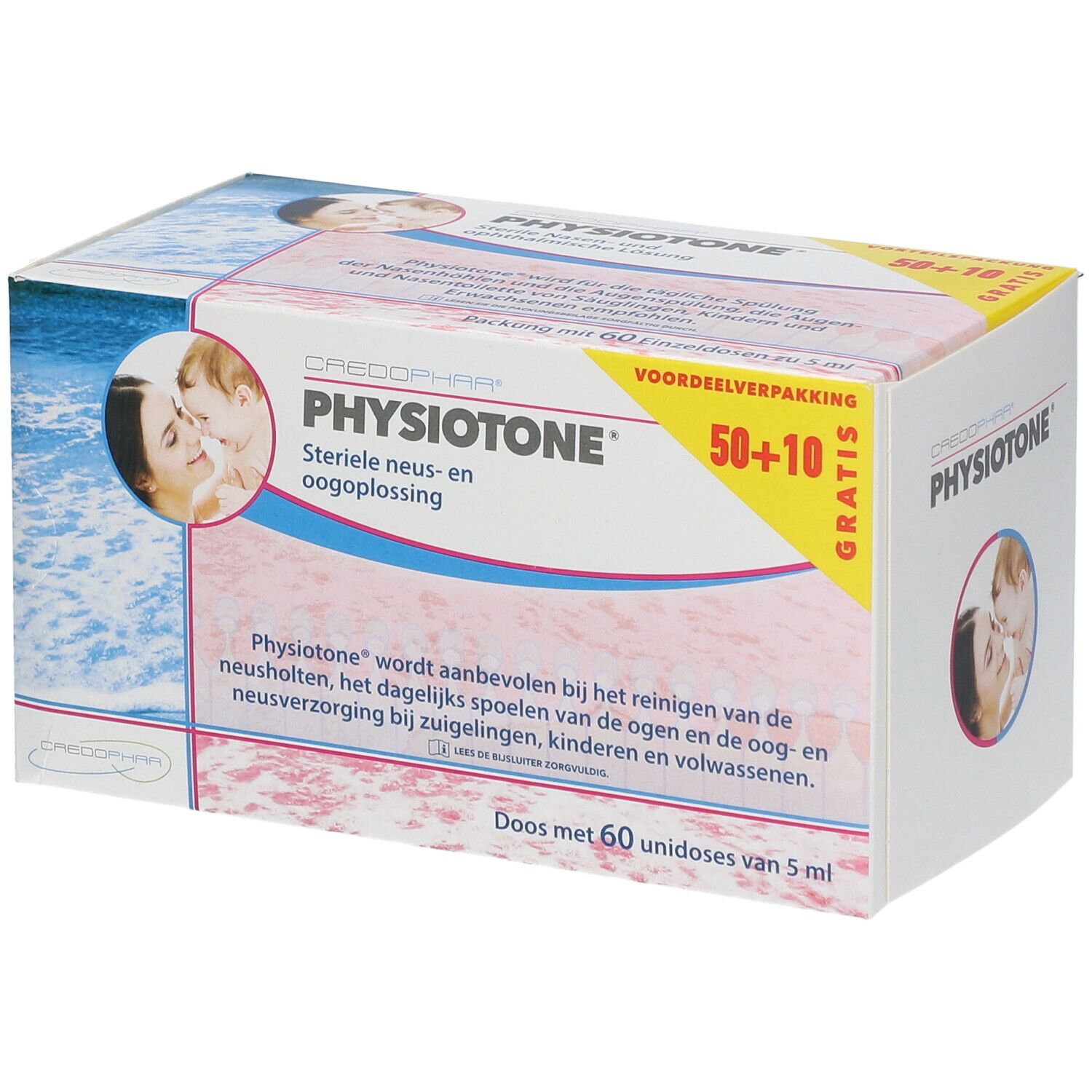 CREDOPHAR Physiotone® doos. Neus- en oogoplossing. 50+10 gratis. Afbeelding moeder en kind. Doos met 60 unidoses.