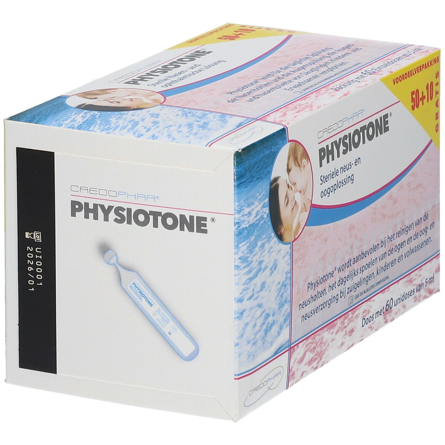 CREDOPHAR Physiotone® doos. Neus- en oogoplossing. 50+10 gratis. Afbeelding moeder en kind. Doos met 60 unidoses.