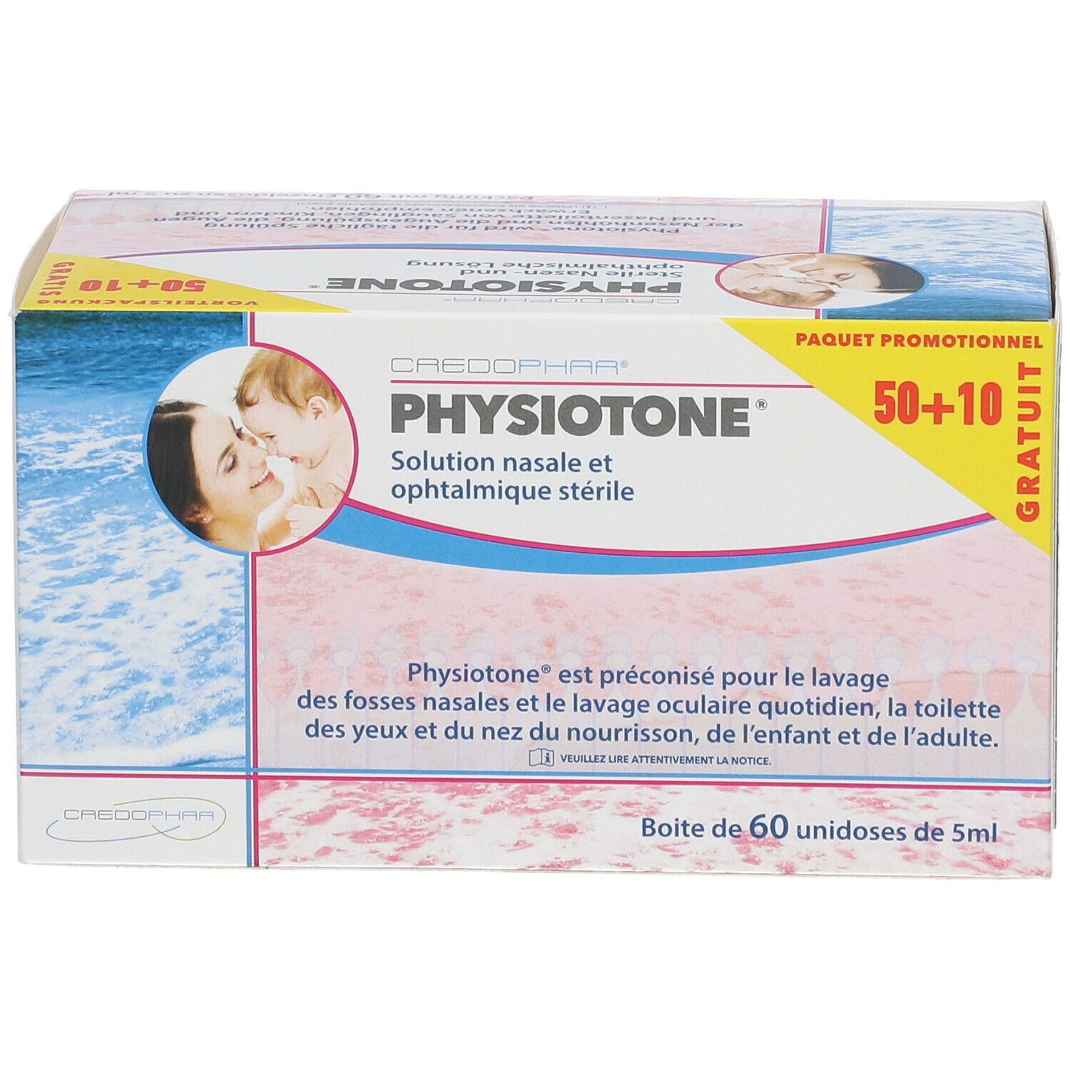 CREDOPHAR Physiotone® doos. Neus- en oogoplossing. 50+10 gratis. Afbeelding moeder en kind. Doos met 60 unidoses.