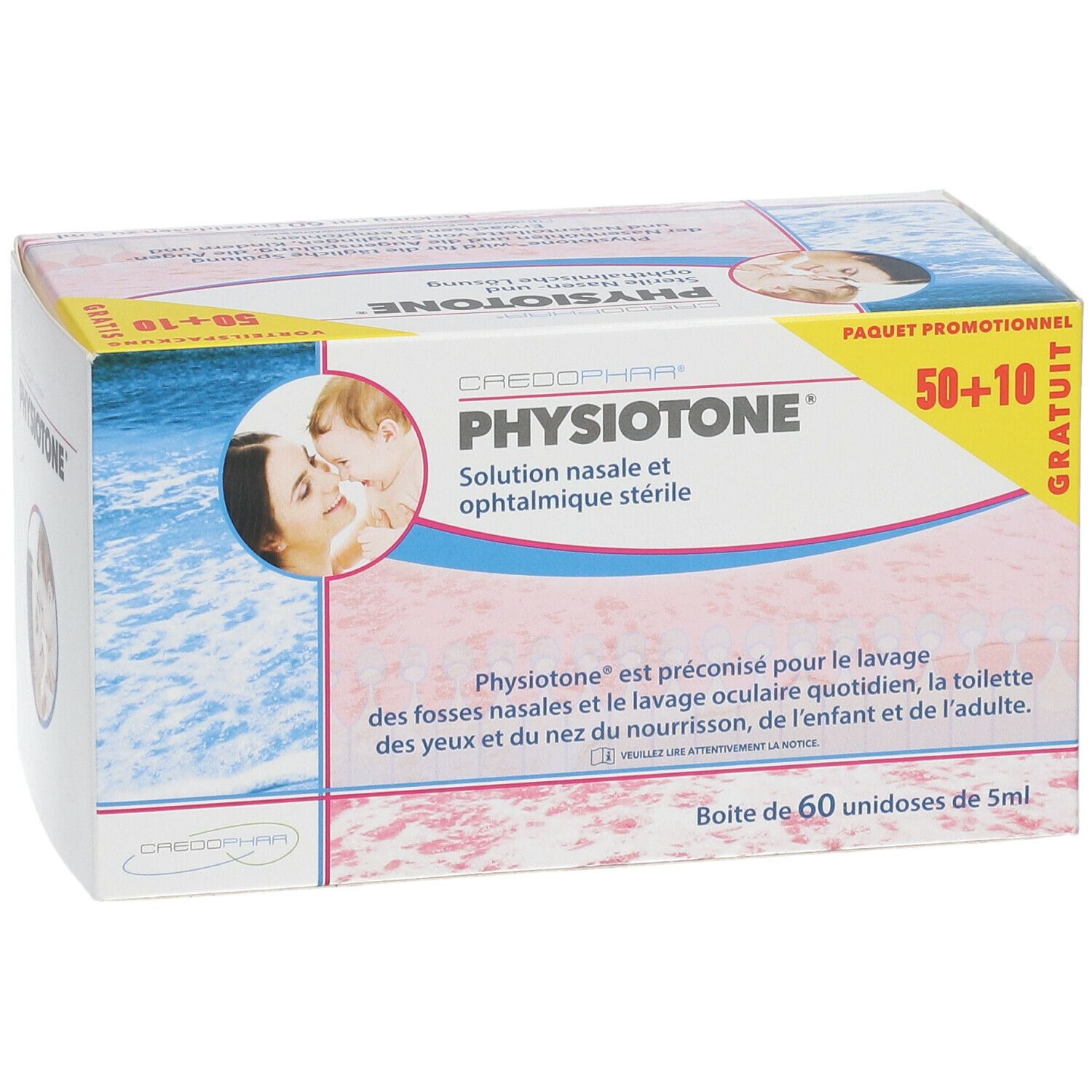 CREDOPHAR Physiotone® doos. Neus- en oogoplossing. 50+10 gratis. Afbeelding moeder en kind. Doos met 60 unidoses.