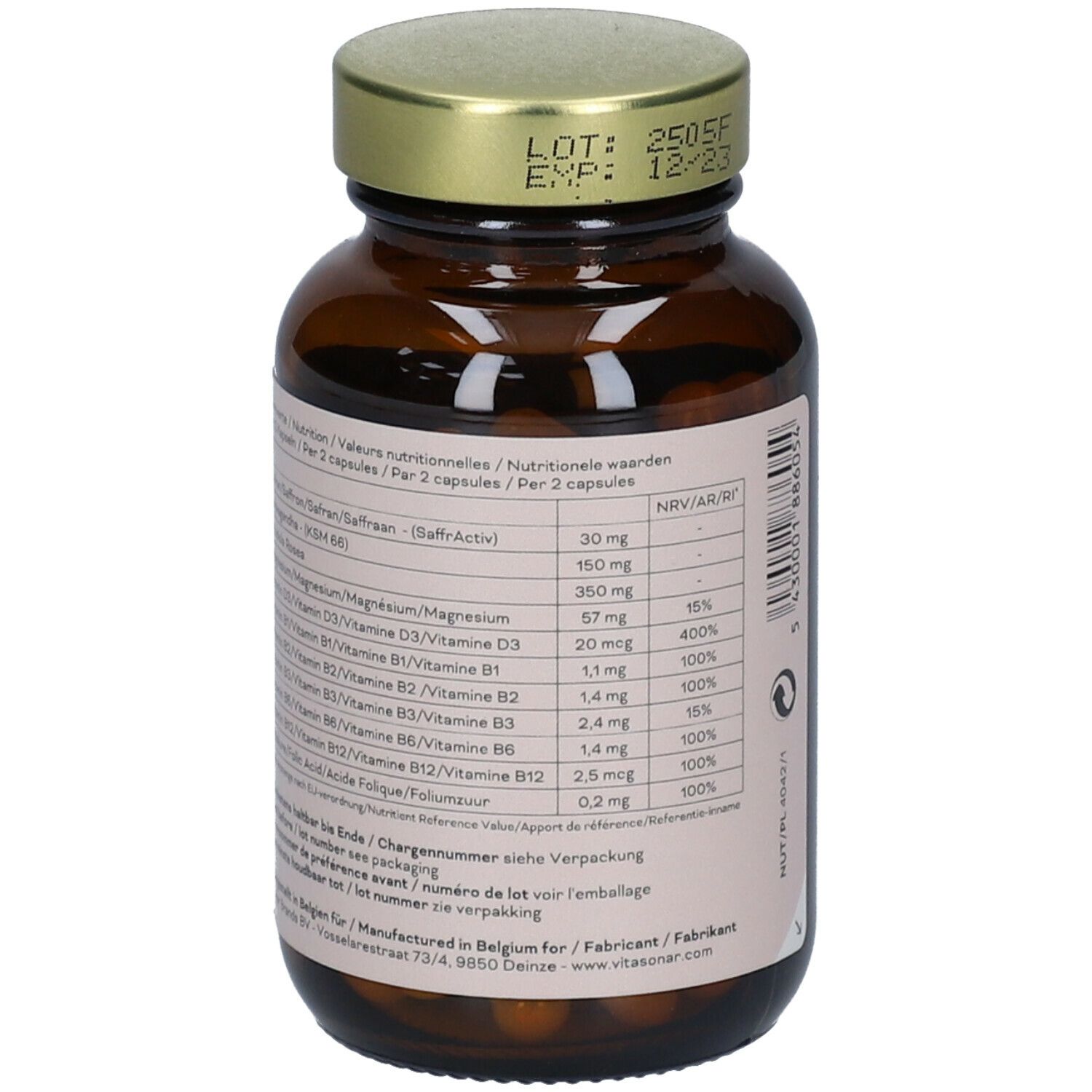 Flacon en verre brun avec bouchon doré. Étiquette avec informations nutritionnelles. Gélules visibles à l'intérieur.