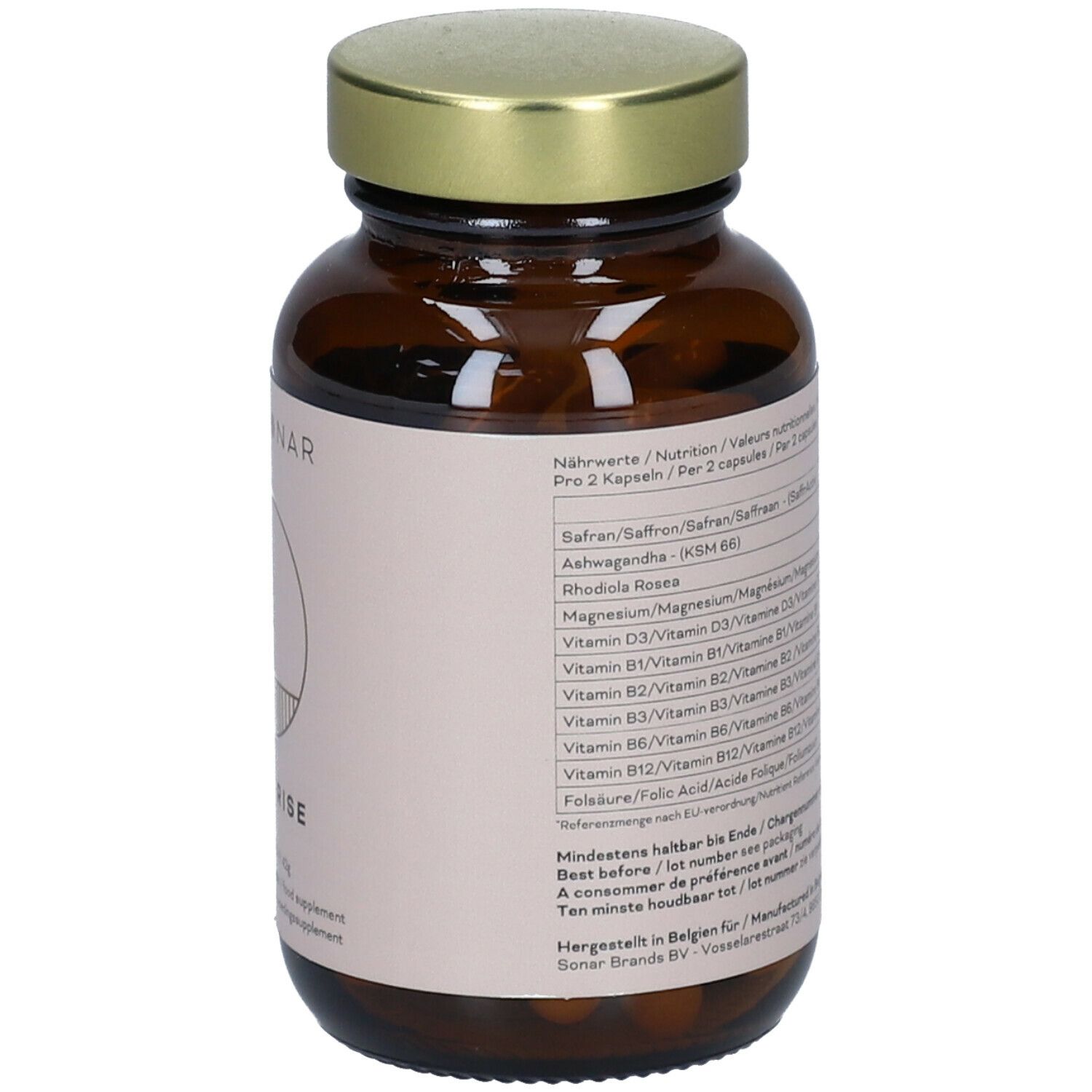Flacon en verre brun avec bouchon doré. Étiquette avec informations nutritionnelles. Gélules visibles à l'intérieur.