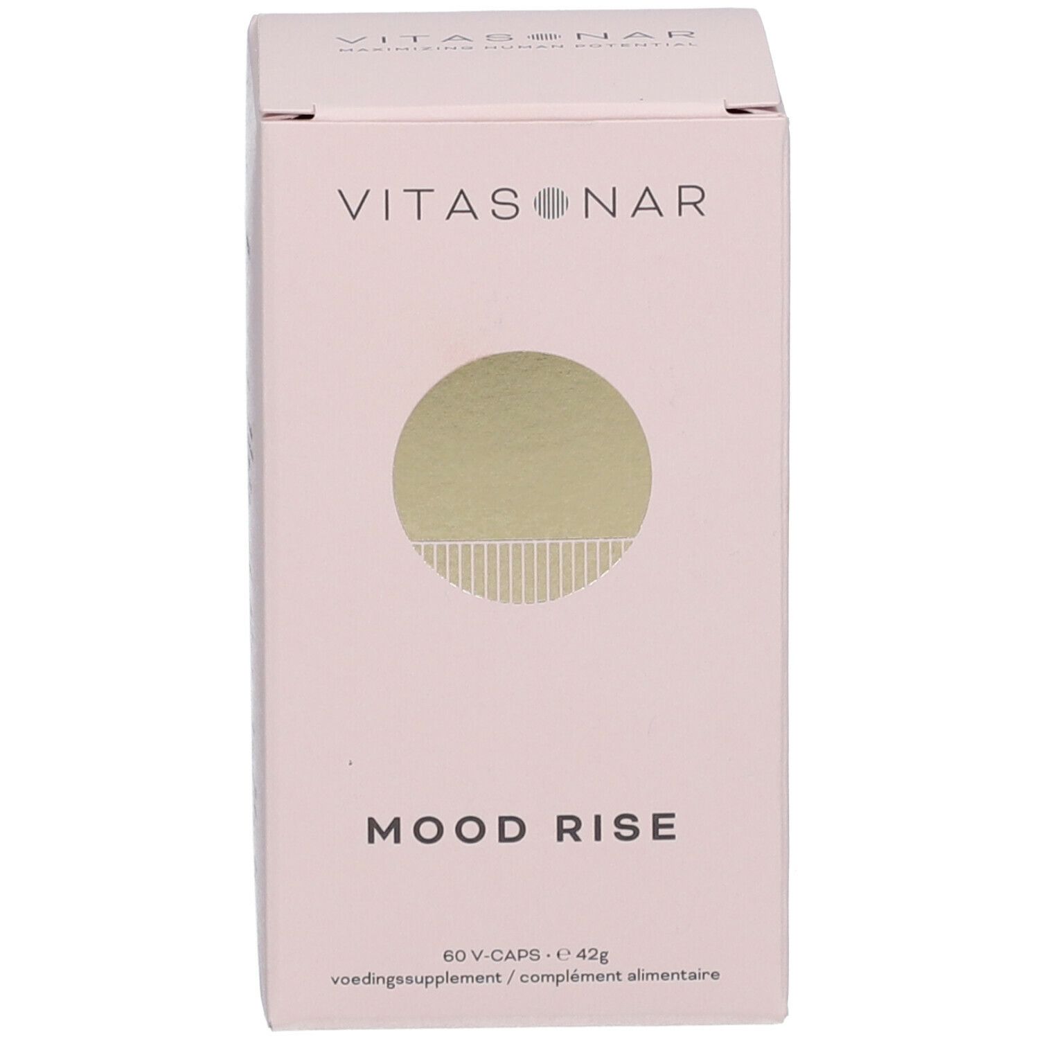 Emballage rose avec nom et logo du produit. Élément de design doré. Texte: Mood Rise, 60 V-Caps.